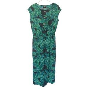 Worthington | Tropical Green Black Leaf Elastic Waist Wide leg Jumpsuit M